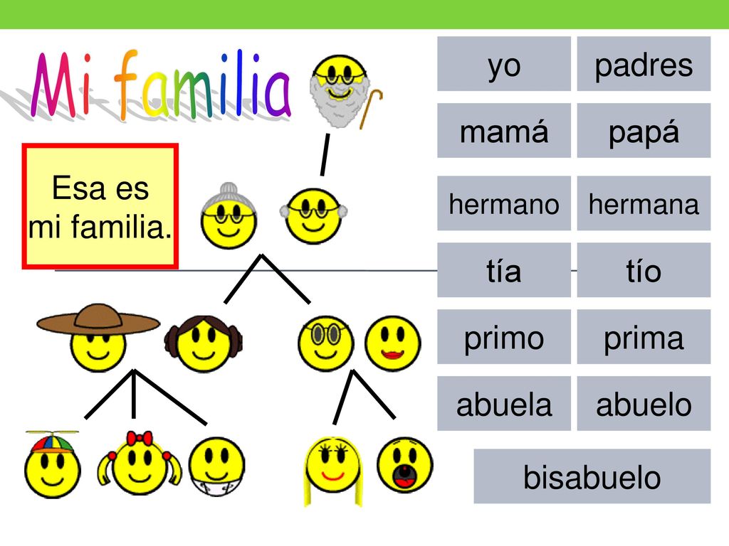 Mi familia yo padres mamá papá Esa es mi familia. tía tío primo prima