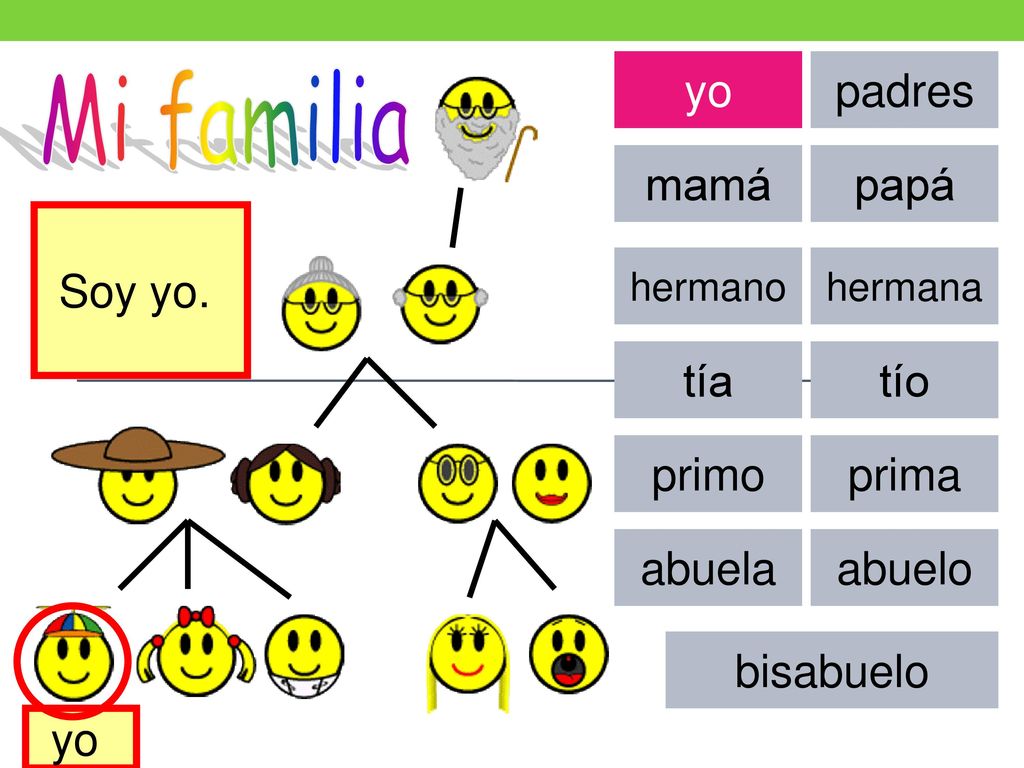 Mi familia yo padres mamá papá Soy yo. tía tío primo prima abuela