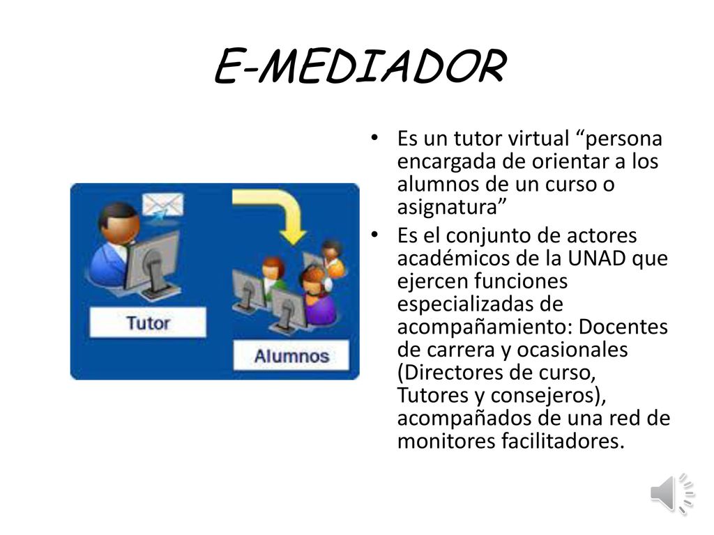E-MEDIADOR Es un tutor virtual persona encargada de orientar a los alumnos de un curso o asignatura