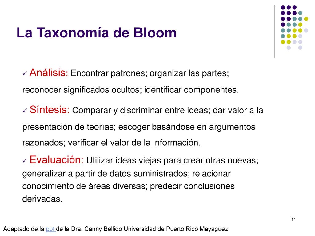 La Taxonomía de Bloom Análisis: Encontrar patrones; organizar las partes; reconocer significados ocultos; identificar componentes.
