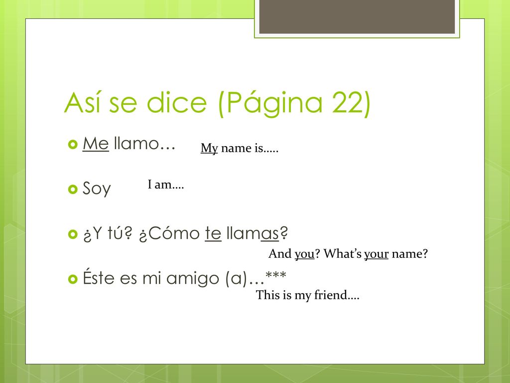 Así se dice (Página 22) Me llamo… Soy ¿Y tú ¿Cómo te llamas