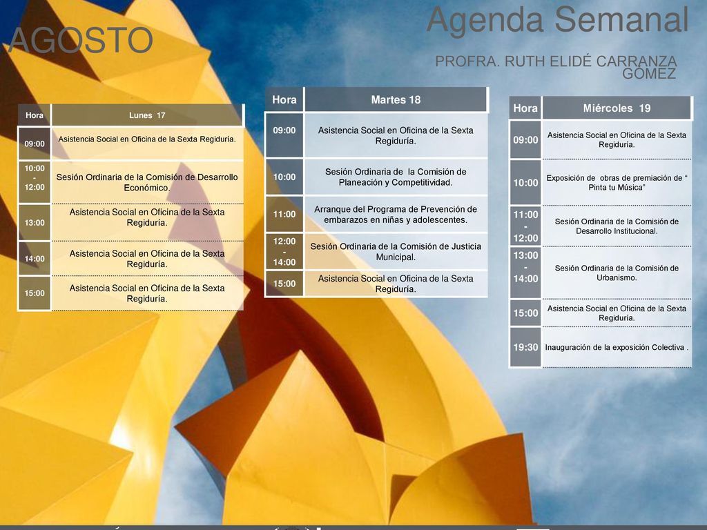 Agenda Semanal AGOSTO Cabildo Torreón PROFRA. RUTH ELIDÉ CARRANZA