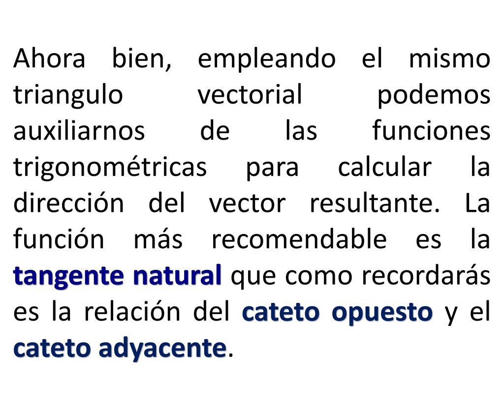 Ahora bien, empleando el mismo triangulo vectorial podemos auxiliarnos de las funciones trigonométricas para calcular la dirección del vector resultante.