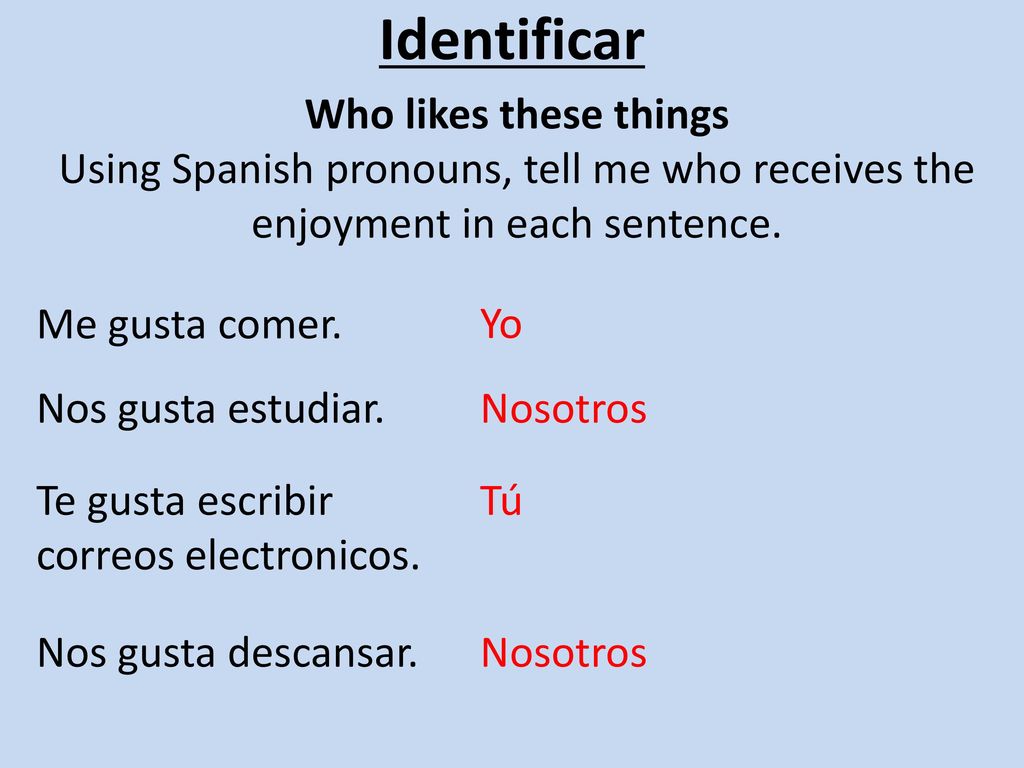 Identificar Who likes these things Using Spanish pronouns, tell me who receives the enjoyment in each sentence.