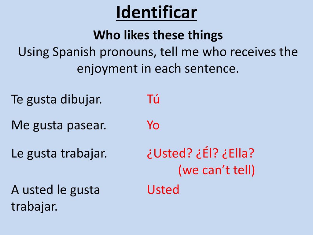 Identificar Who likes these things Using Spanish pronouns, tell me who receives the enjoyment in each sentence.