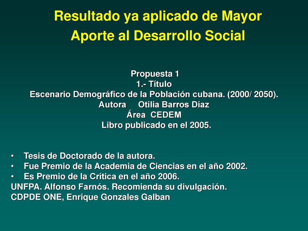 Resultado ya aplicado de Mayor Aporte al Desarrollo Social