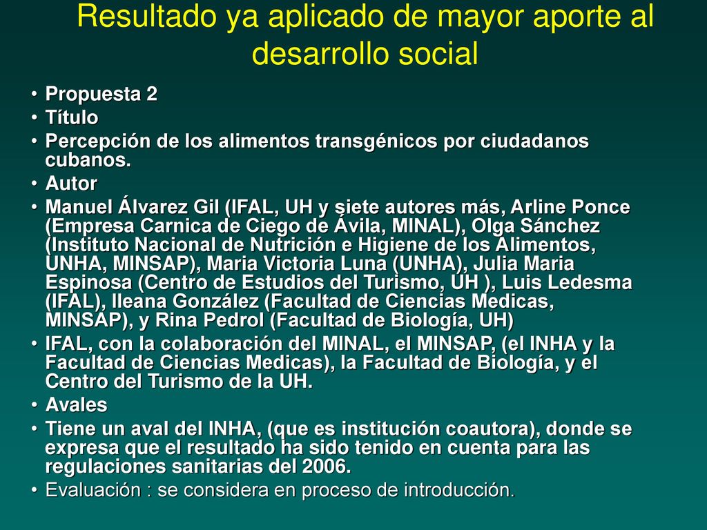 Resultado ya aplicado de mayor aporte al desarrollo social