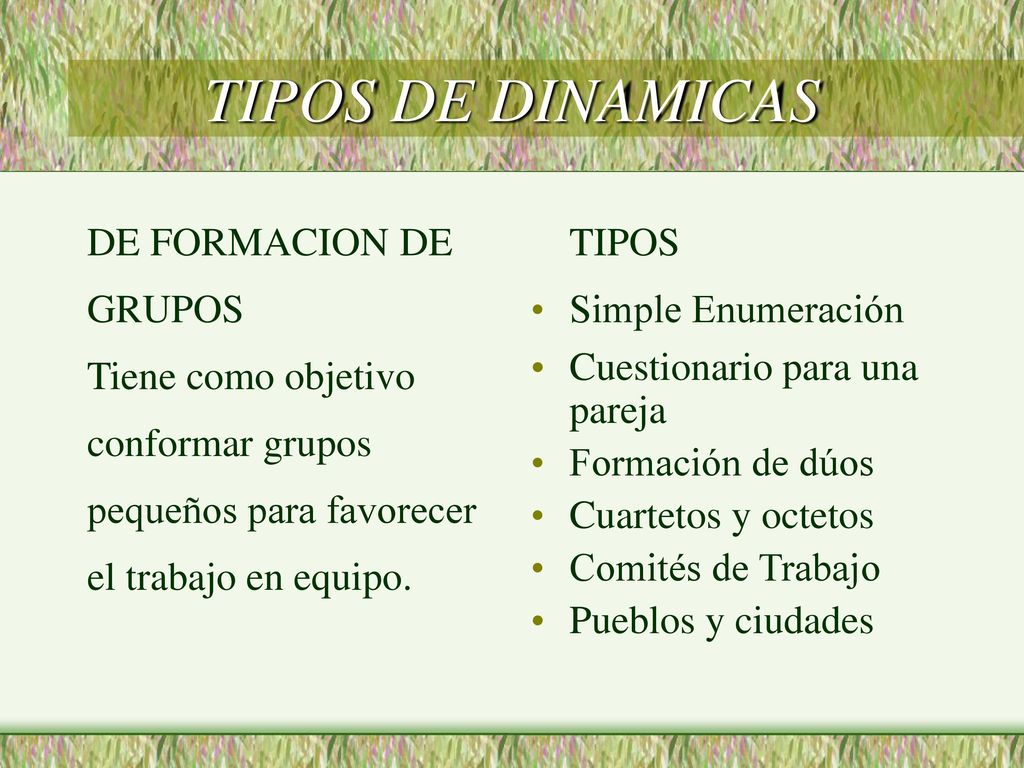 TIPOS DE DINAMICAS DE FORMACION DE GRUPOS Tiene como objetivo