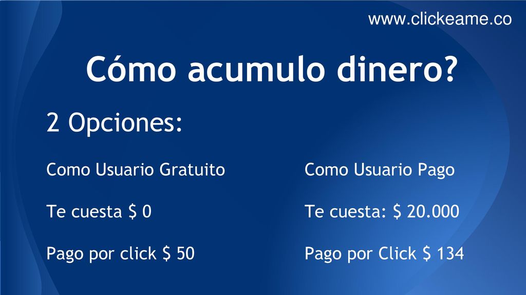 2 Opciones: Como Usuario Gratuito Te cuesta $ 0 Pago por click $ 50