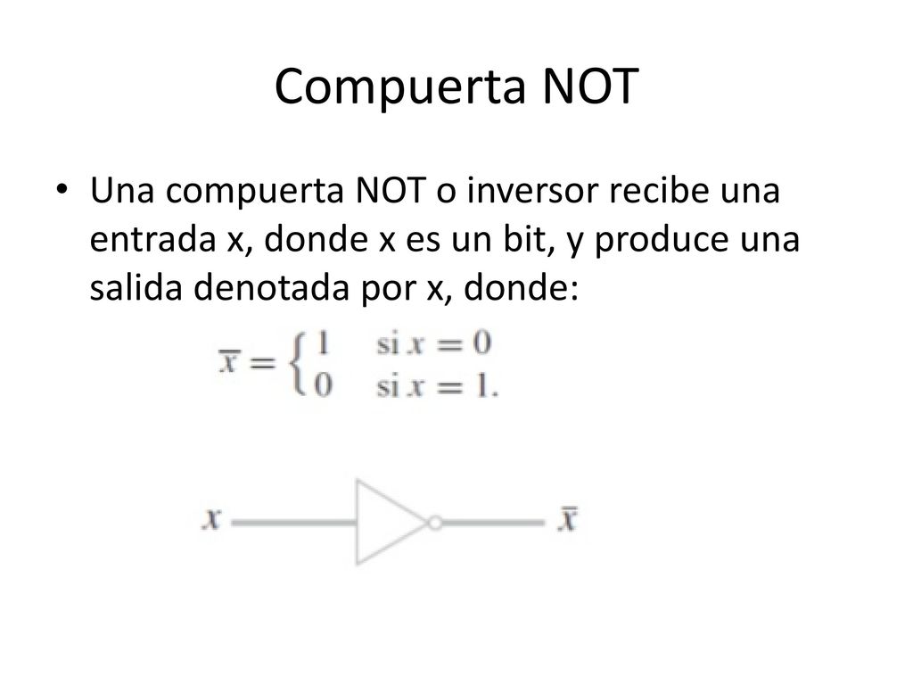 Compuerta NOT Una compuerta NOT o inversor recibe una entrada x, donde x es un bit, y produce una salida denotada por x, donde: