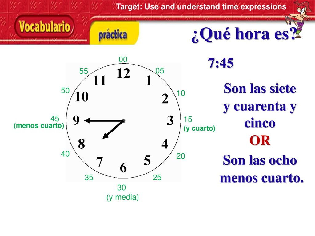 ¿Qué hora es 7:45 Son las siete y cuarenta y cinco OR Son las ocho
