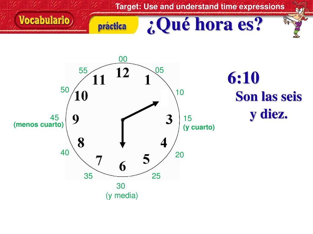 ¿Qué hora es 6:10 Son las seis y diez.