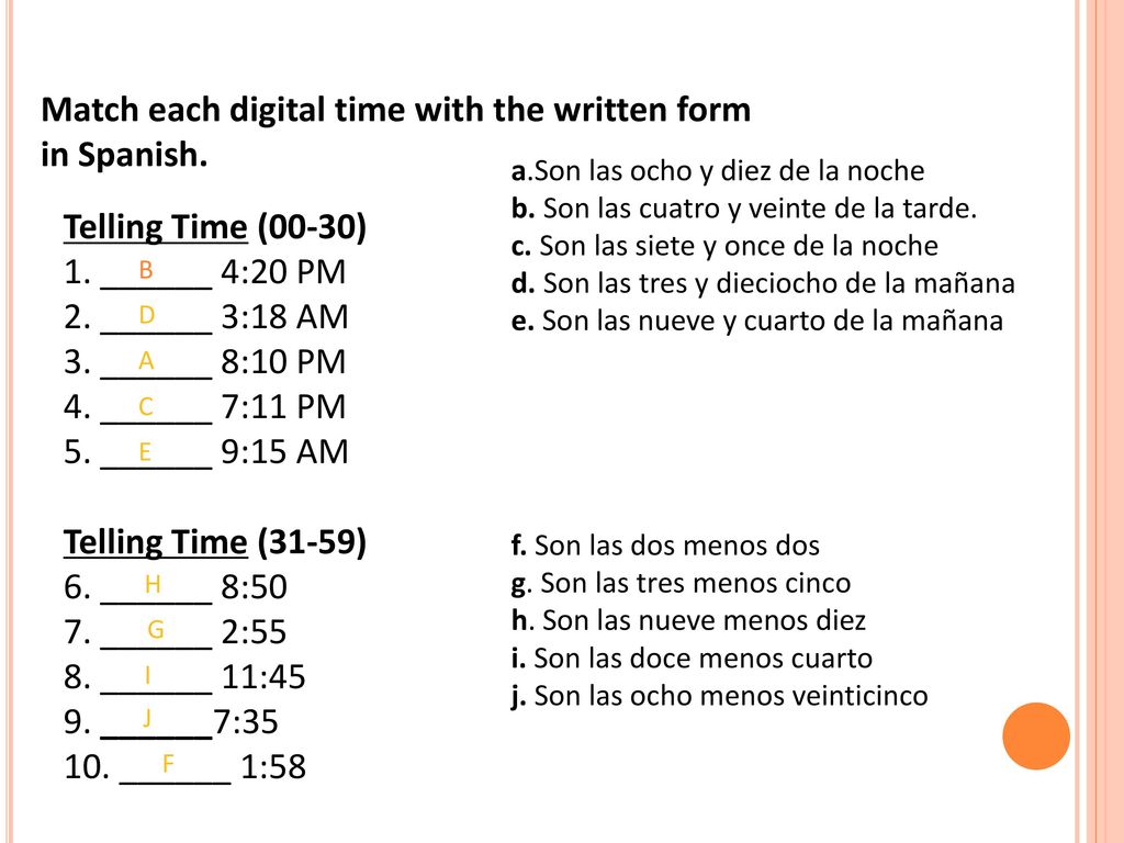 Match each digital time with the written form in Spanish.