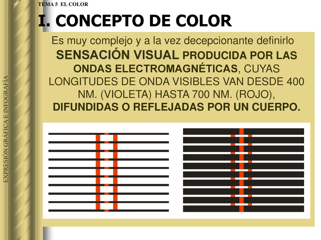 TEMA 5 EL COLOR I. CONCEPTO DE COLOR. Es muy complejo y a la vez decepcionante definirlo.