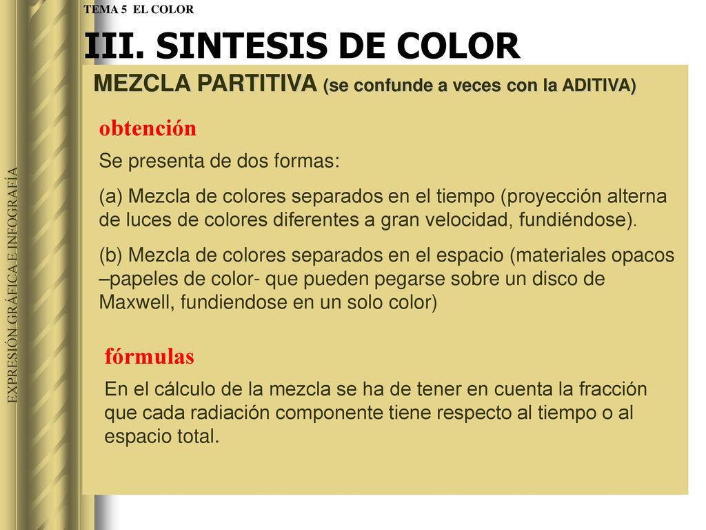 III. SINTESIS DE COLOR TEMA 5 EL COLOR. MEZCLA PARTITIVA (se confunde a veces con la ADITIVA) Se presenta de dos formas: