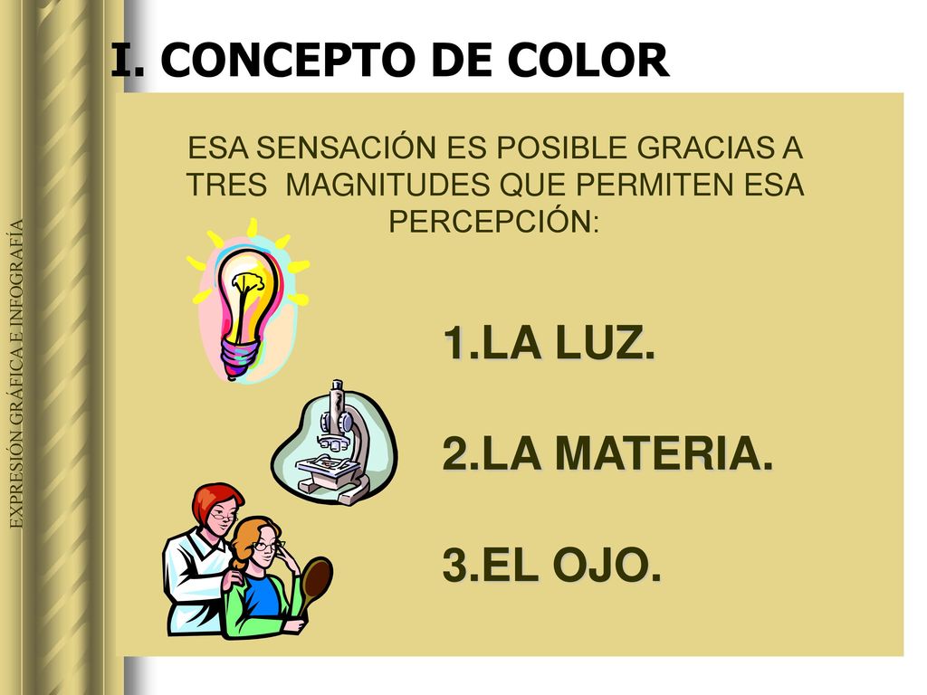 I. CONCEPTO DE COLOR 2.LA MATERIA. 3.EL OJO.