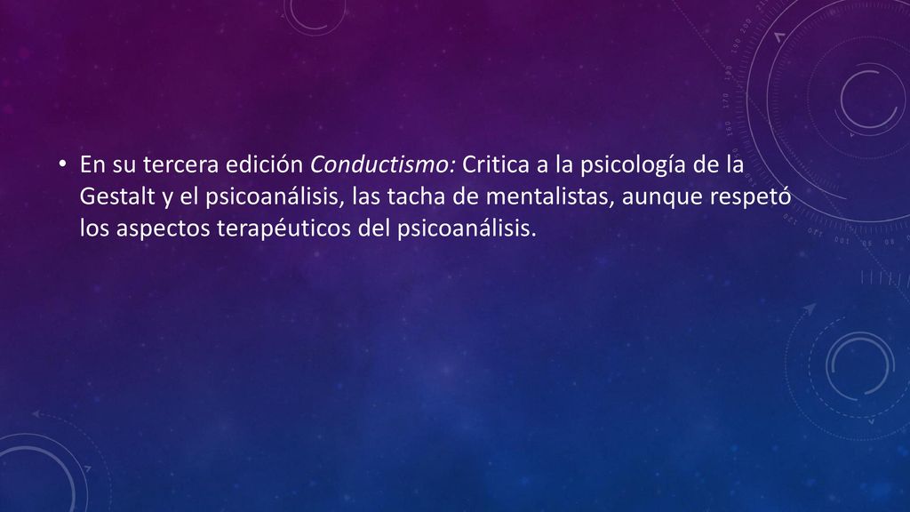 En su tercera edición Conductismo: Critica a la psicología de la Gestalt y el psicoanálisis, las tacha de mentalistas, aunque respetó los aspectos terapéuticos del psicoanálisis.