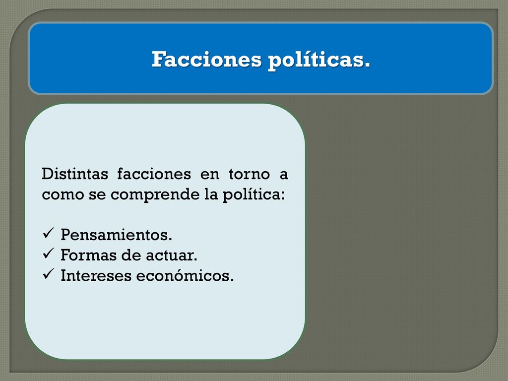 Facciones políticas. Distintas facciones en torno a como se comprende la política: Pensamientos. Formas de actuar.