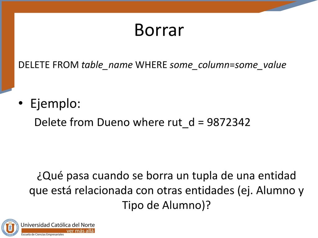 Borrar Ejemplo: Delete from Dueno where rut_d =