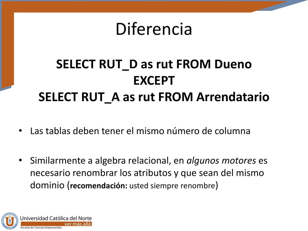 Diferencia SELECT RUT_D as rut FROM Dueno EXCEPT SELECT RUT_A as rut FROM Arrendatario. Las tablas deben tener el mismo número de columna.