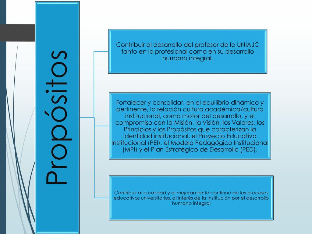 Propósitos Contribuir al desarrollo del profesor de la UNIAJC tanto en lo profesional como en su desarrollo humano integral.