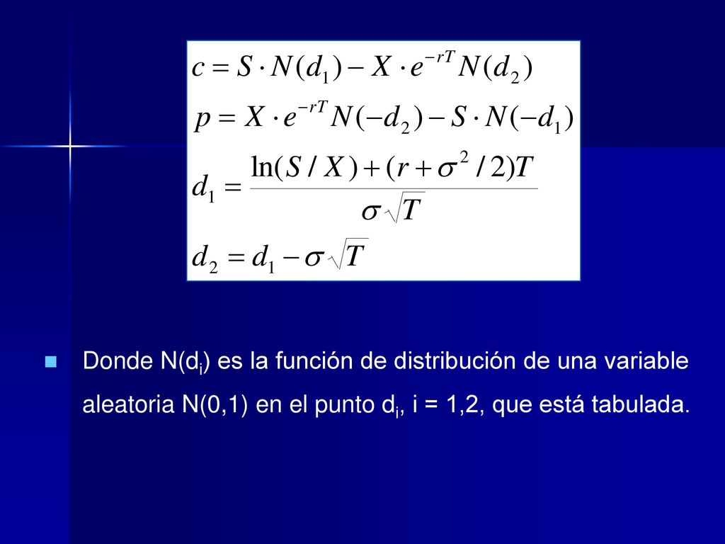 Donde N(di) es la función de distribución de una variable aleatoria N(0,1) en el punto di, i = 1,2, que está tabulada.