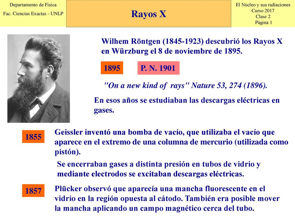 Rayos X Wilhem Röntgen ( ) descubrió los Rayos X en Würzburg el 8 de noviembre de