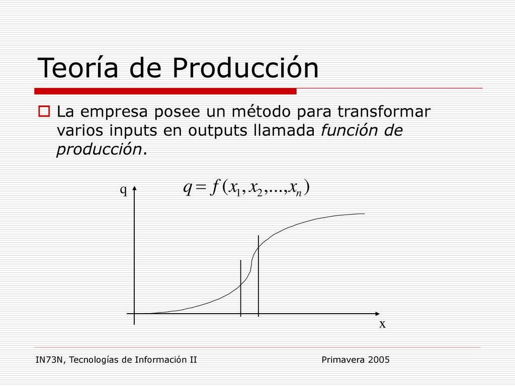Teoría de Producción La empresa posee un método para transformar varios inputs en outputs llamada función de producción.