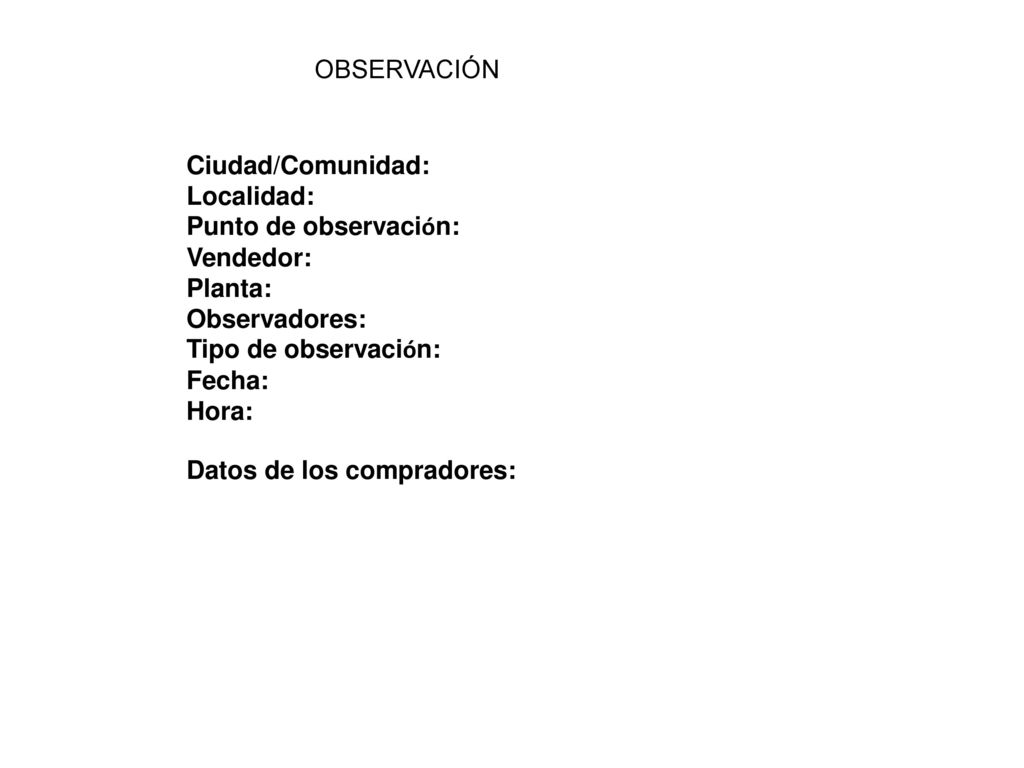 OBSERVACIÓN Ciudad/Comunidad: Localidad: Punto de observación: Vendedor: Planta: Observadores: