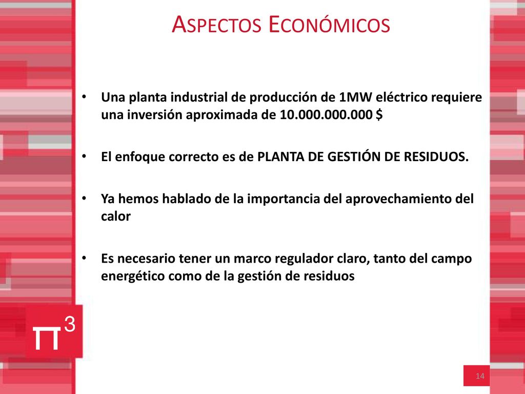 Aspectos Económicos Una planta industrial de producción de 1MW eléctrico requiere una inversión aproximada de $