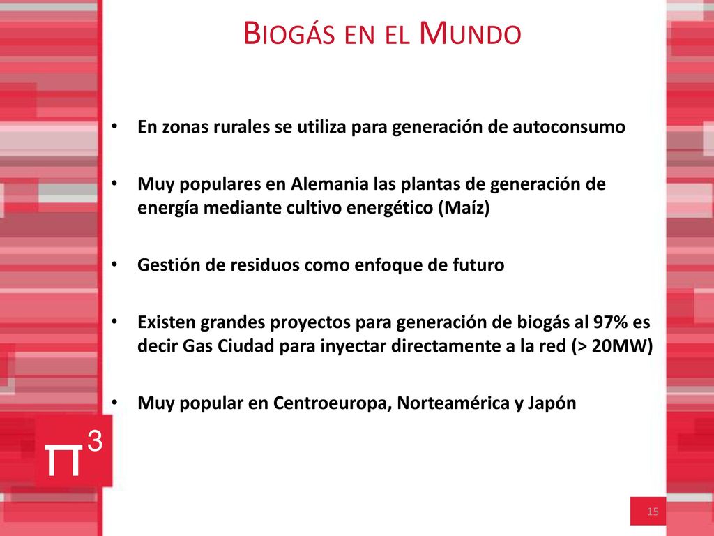 Biogás en el Mundo En zonas rurales se utiliza para generación de autoconsumo.