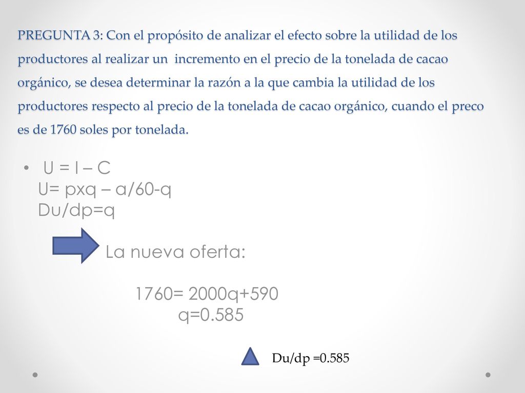U = I – C U= pxq – a/60-q Du/dp=q La nueva oferta: 1760= 2000q+590