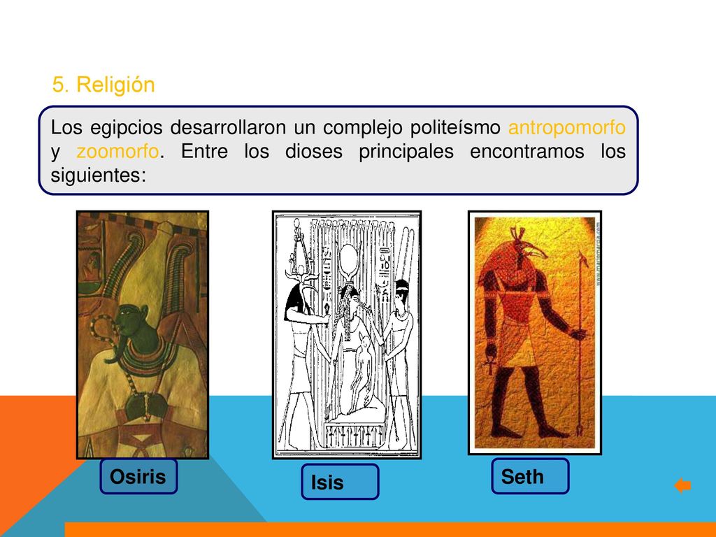 5. Religión Los egipcios desarrollaron un complejo politeísmo antropomorfo y zoomorfo. Entre los dioses principales encontramos los siguientes: