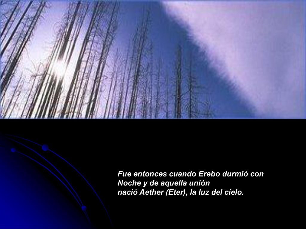 Fue entonces cuando Erebo durmió con Noche y de aquella unión nació Aether (Eter), la luz del cielo.