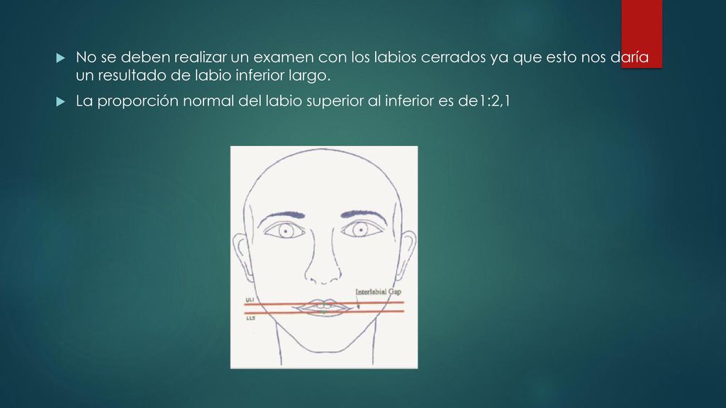 No se deben realizar un examen con los labios cerrados ya que esto nos daría un resultado de labio inferior largo.