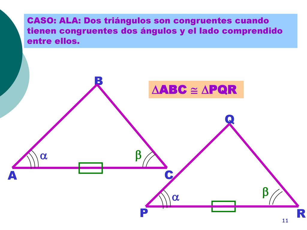 CASO: ALA: Dos triángulos son congruentes cuando tienen congruentes dos ángulos y el lado comprendido entre ellos.