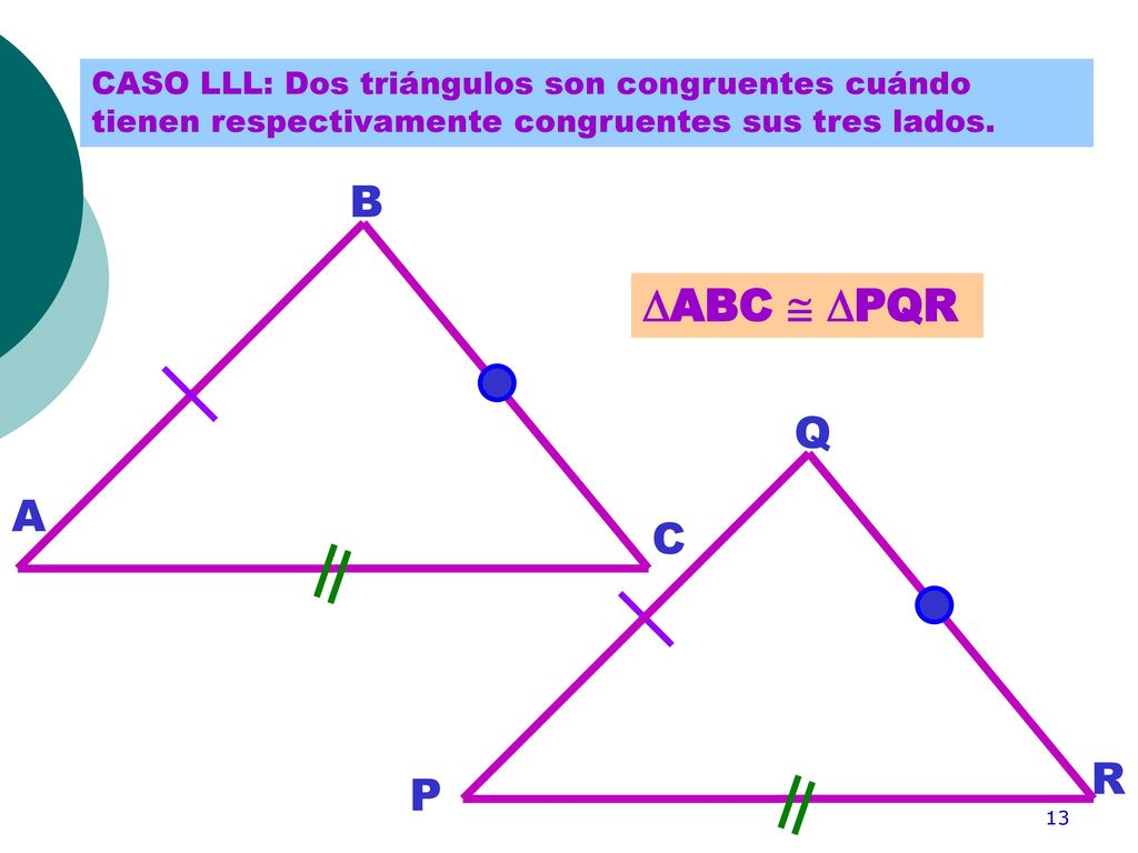 CASO LLL: Dos triángulos son congruentes cuándo tienen respectivamente congruentes sus tres lados.