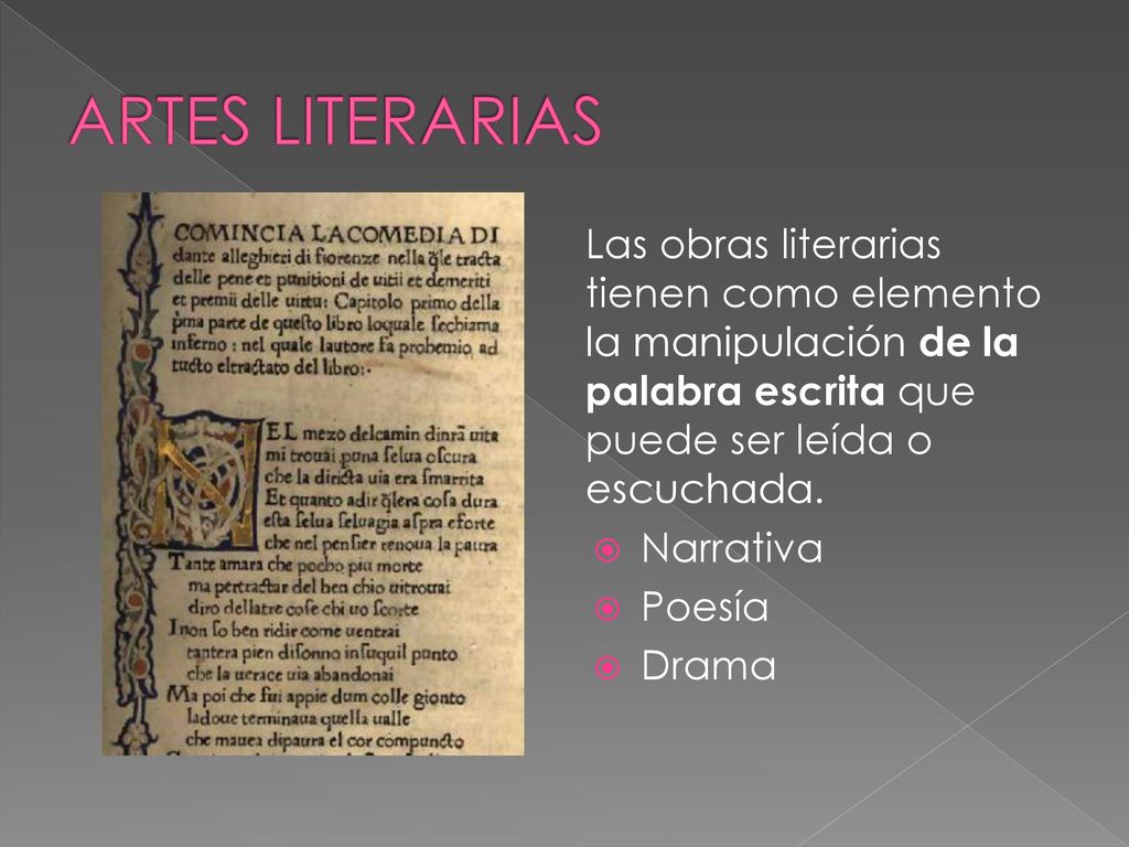 ARTES LITERARIAS Las obras literarias tienen como elemento la manipulación de la palabra escrita que puede ser leída o escuchada.