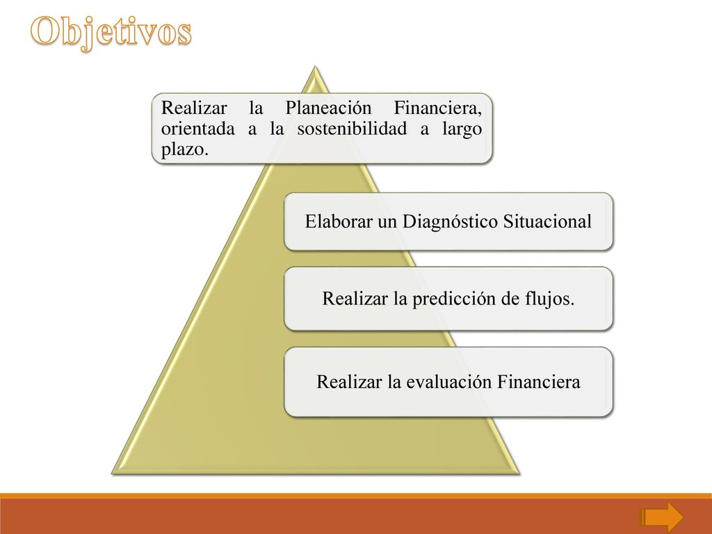 Objetivos Realizar la Planeación Financiera, orientada a la sostenibilidad a largo plazo. Elaborar un Diagnóstico Situacional.