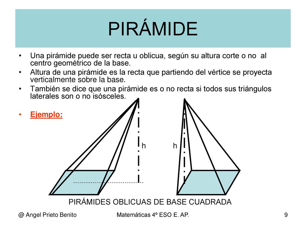PIRÁMIDE Una pirámide puede ser recta u oblicua, según su altura corte o no al centro geométrico de la base.