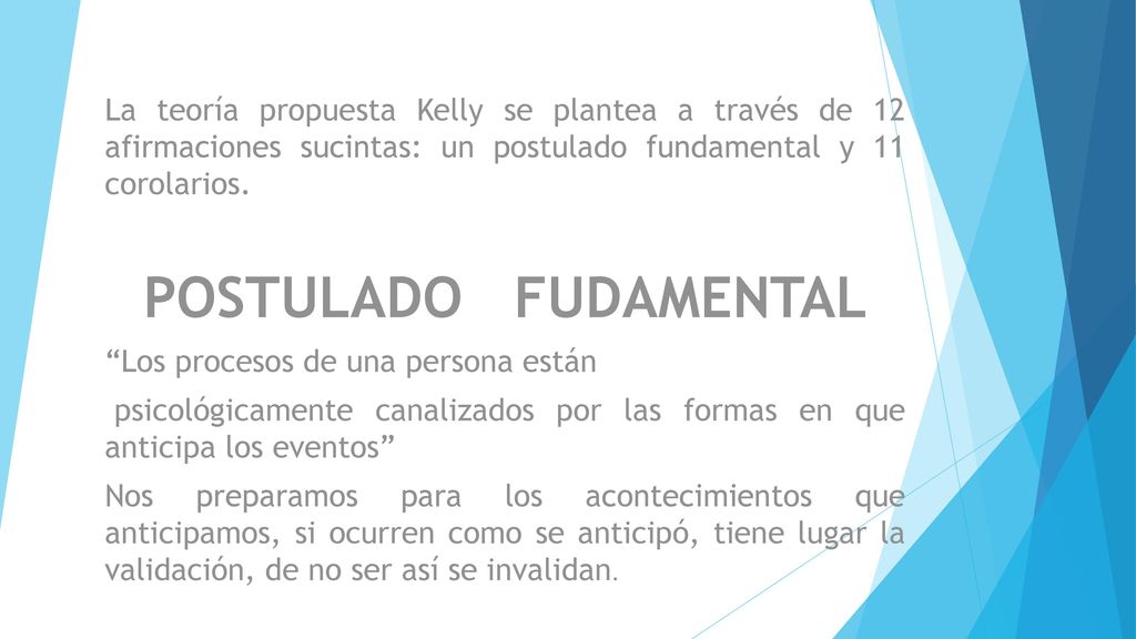 La teoría propuesta Kelly se plantea a través de 12 afirmaciones sucintas: un postulado fundamental y 11 corolarios.