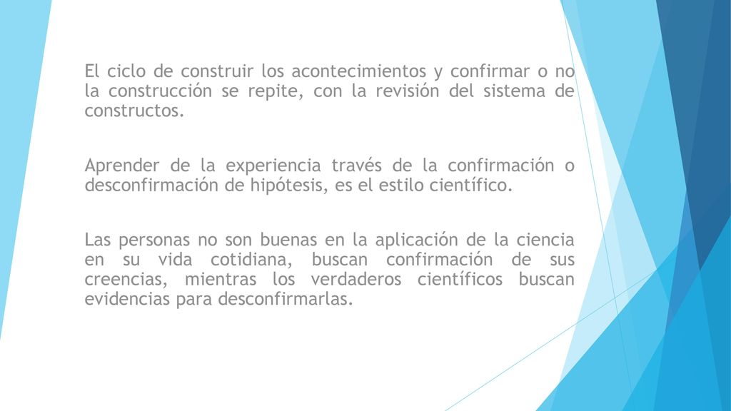 El ciclo de construir los acontecimientos y confirmar o no la construcción se repite, con la revisión del sistema de constructos.