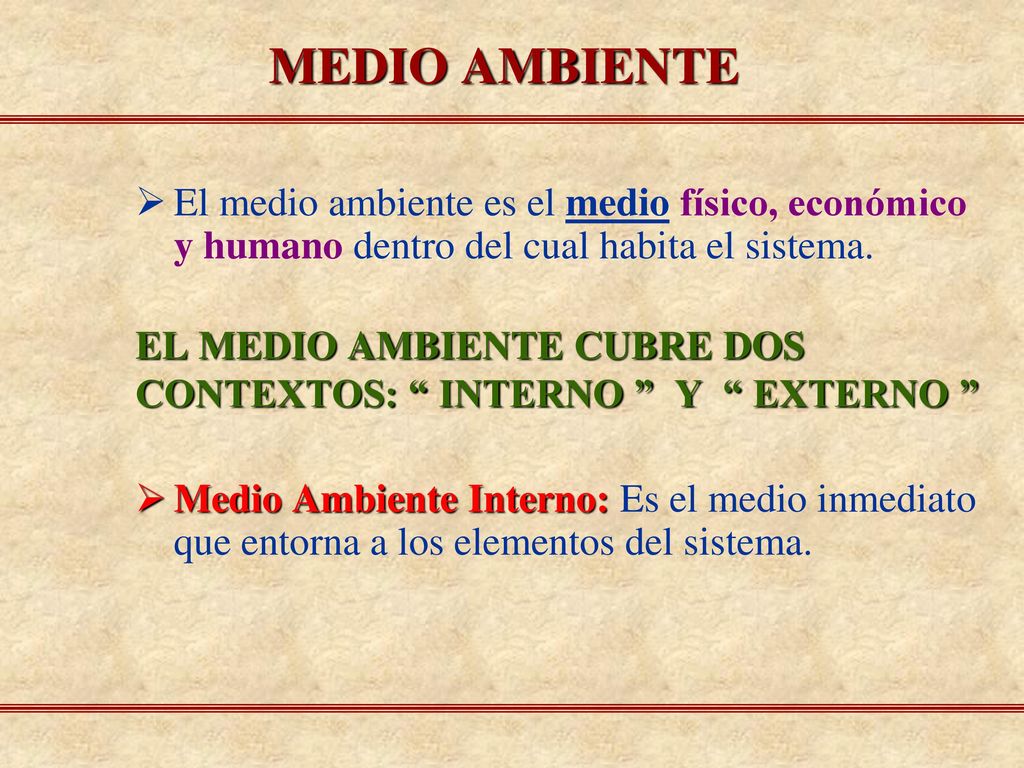 MEDIO AMBIENTE El medio ambiente es el medio físico, económico y humano dentro del cual habita el sistema.