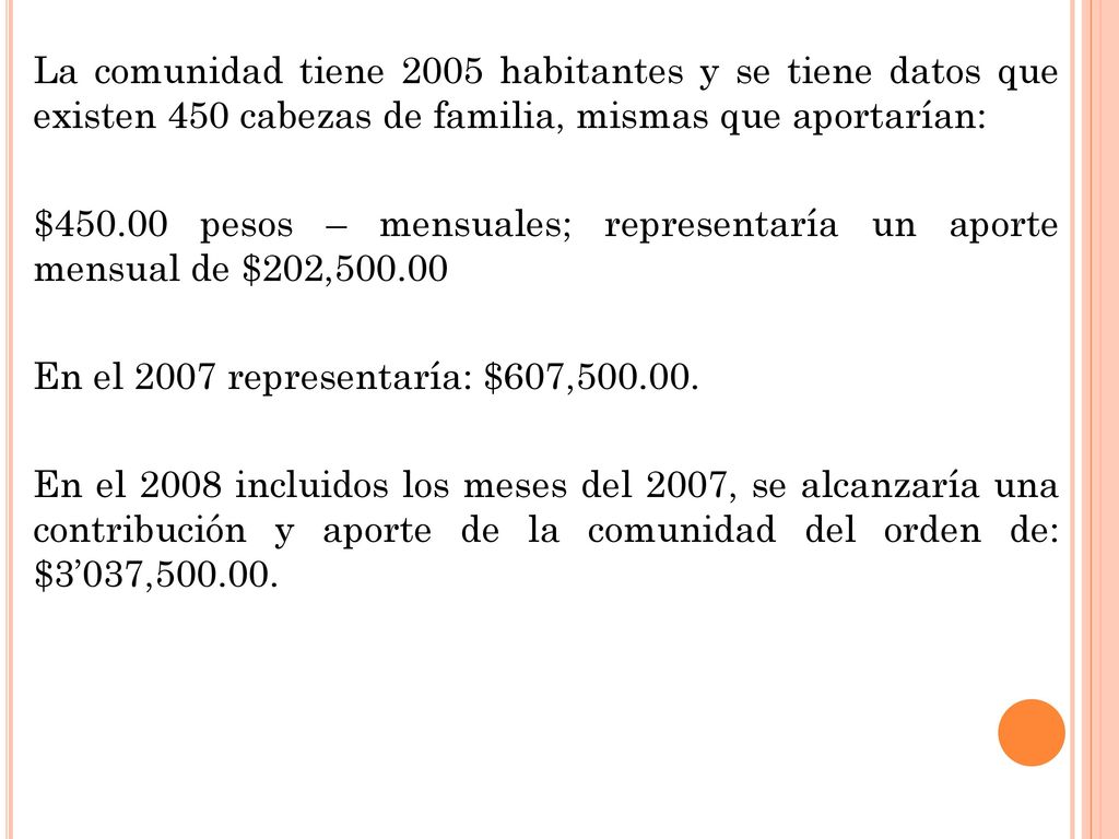 La comunidad tiene 2005 habitantes y se tiene datos que existen 450 cabezas de familia, mismas que aportarían: