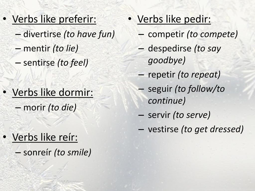 Verbs like preferir: Verbs like pedir: Verbs like dormir: