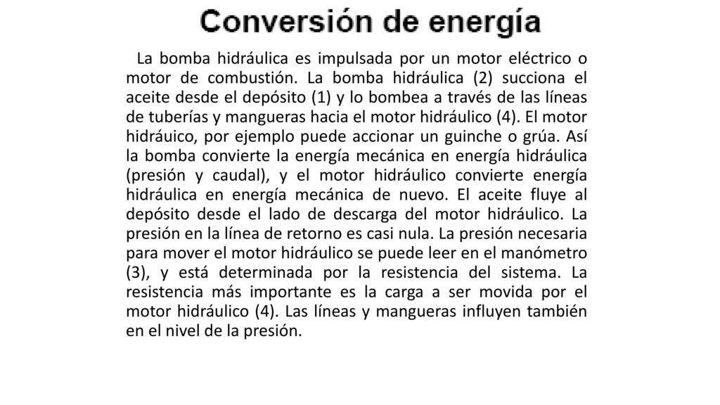 La bomba hidráulica es impulsada por un motor eléctrico o motor de combustión.