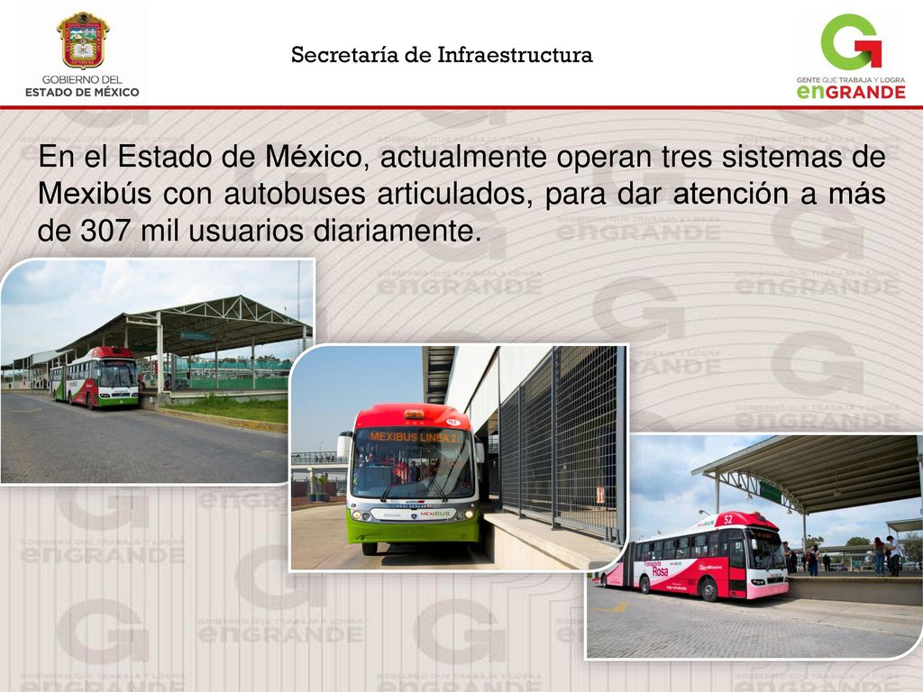 En el Estado de México, actualmente operan tres sistemas de Mexibús con autobuses articulados, para dar atención a más de 307 mil usuarios diariamente.
