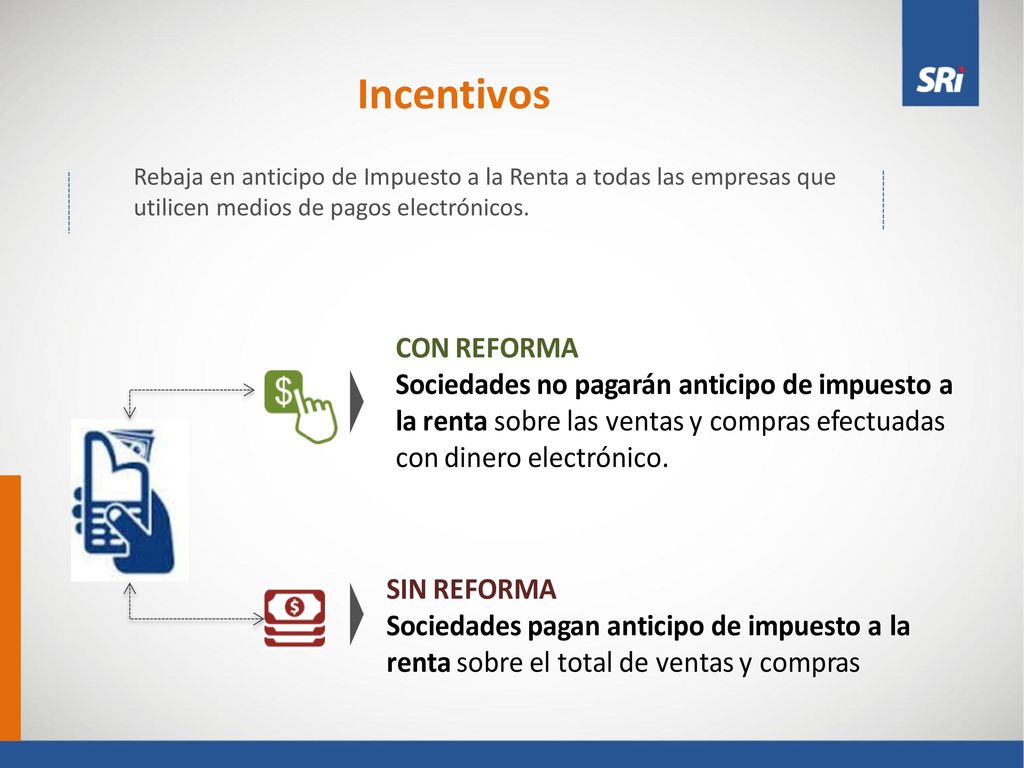 Incentivos Rebaja en anticipo de Impuesto a la Renta a todas las empresas que utilicen medios de pagos electrónicos.
