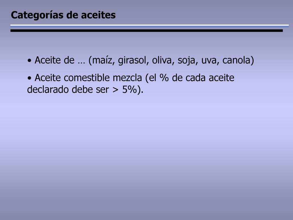 Categorías de aceites Aceite de … (maíz, girasol, oliva, soja, uva, canola) Aceite comestible mezcla (el % de cada aceite declarado debe ser > 5%).