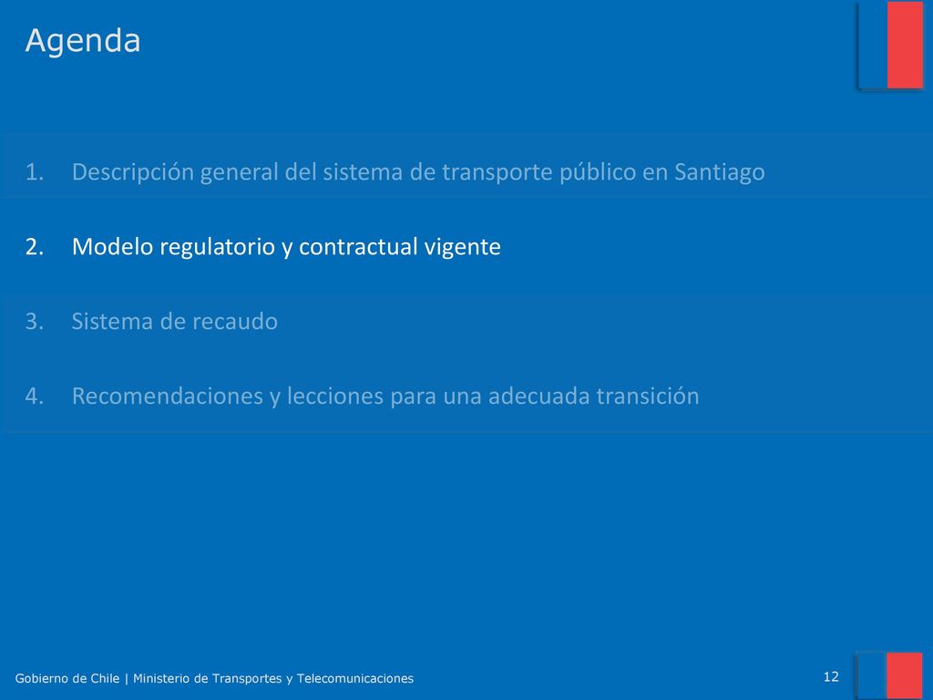 Agenda Descripción general del sistema de transporte público en Santiago. Modelo regulatorio y contractual vigente.
